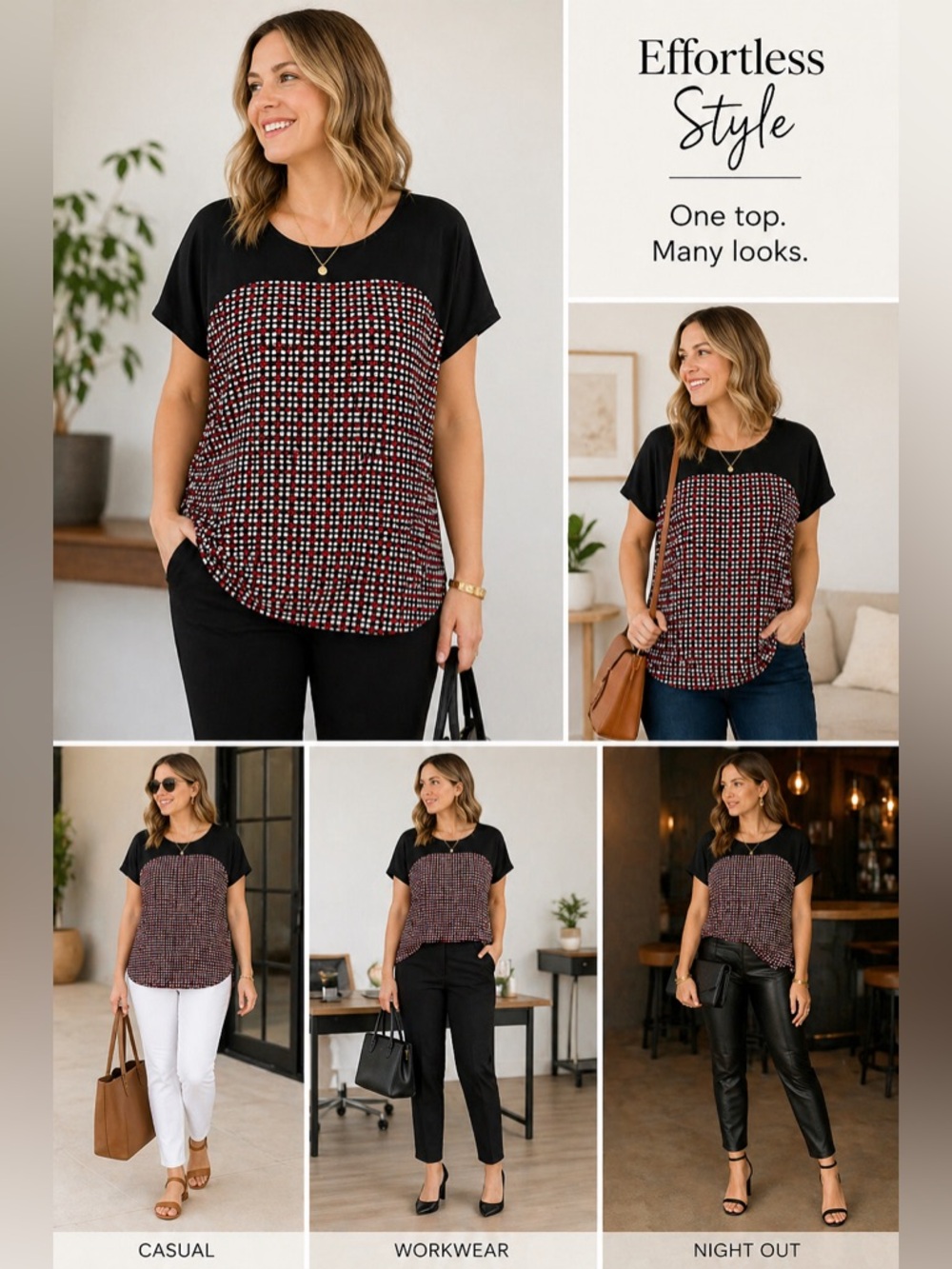 PerSeption Concept Black Short Sleeve Top with Red & White Geo Panel - Picture 5 of 5